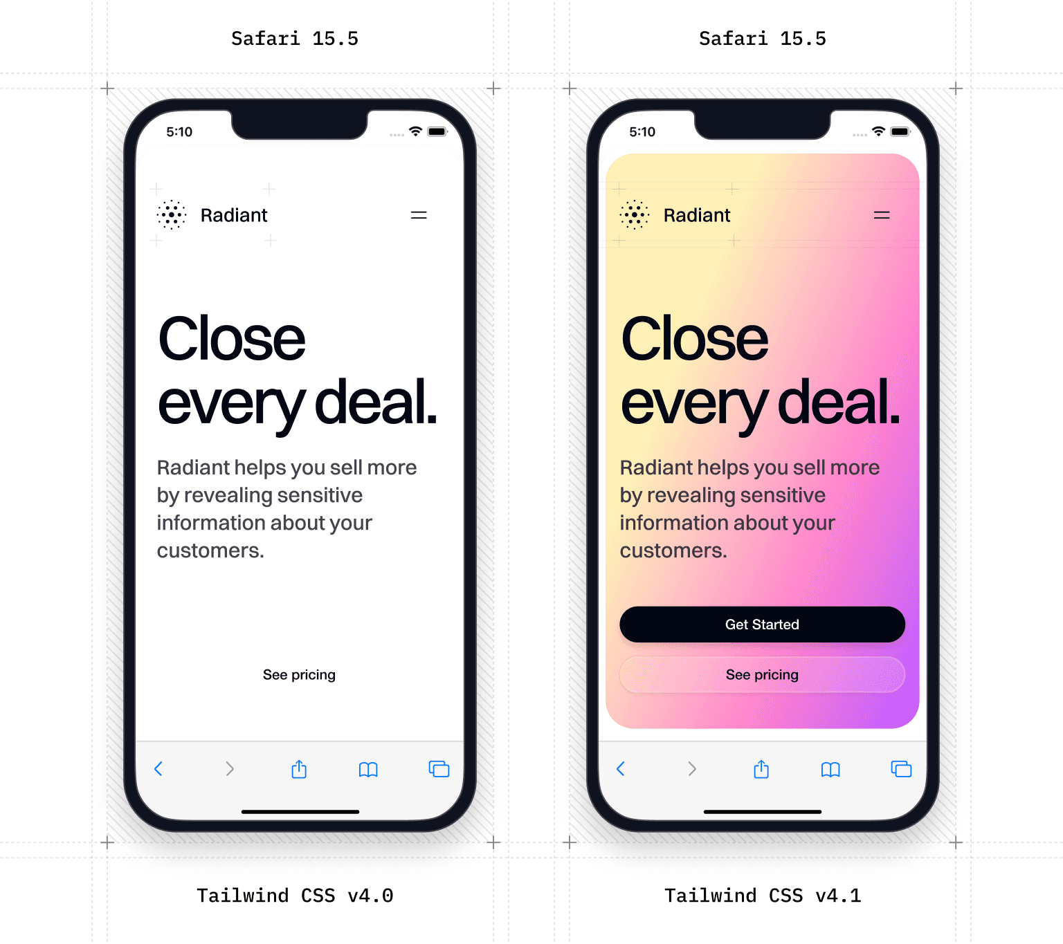 Comparison between how Tailwind CSS v4.0 (left) and Tailwind CSS v4.1 (right) render in Safari 15.5. Tailwind CSS v4.0 fails to render some background gradients that are now visible in Tailwind CSS v4.1